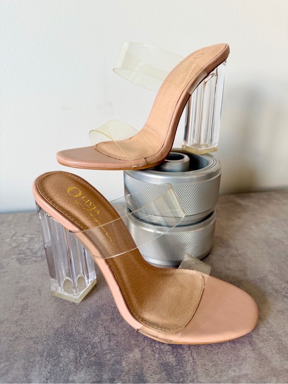 Olivia Clear-Strap Block Heel Sandals in Blush
